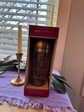 NIB “Entertainer" Glass Cocktail Shaker with Plaid Pattern and Gold-Tone Lid